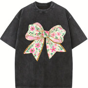 Elegant Bow Batik Retro Brand Vintage Washed T-Shirt in Black