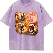 Three Lions Retro Lion Moon Vintage Washed T-Shirt in Purple