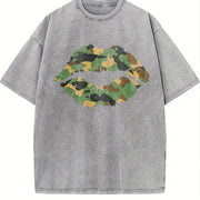 Camo Lip Knit Vintage Washed T-Shirt in Gray