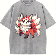 A Red and White Nine-tailed Fox Round-neck Short-sleeve Vintage Washed T-Shirt in Gray