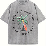 Christian Bible Verse Beachy Backprint vintage washed oversized T-shirt in Gray