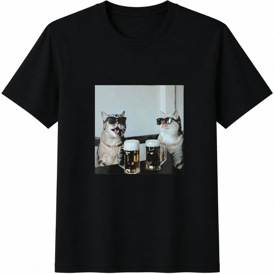 Cats Drinking Beer Cotton T-Shirt in Black