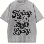 Feeling Lucky Retro 777 Slot Machine Cherry Vintage Washed T-Shirt in Gray
