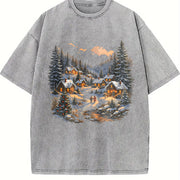 Christmas Winter Village Vintage Washed T-Shirt in Gray