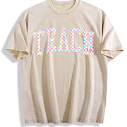 Checkered Teach Back to School Vintage Washed T-Shirt in Beige