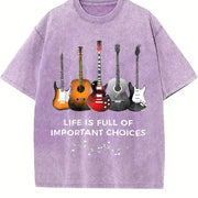 With Music Note & Guitar Lyric Vintage Washed T-Shirt in Purple