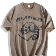 Retro Cute Raccoon My Tummy Hurts 90s Vintage Washed T-Shirt in Brown