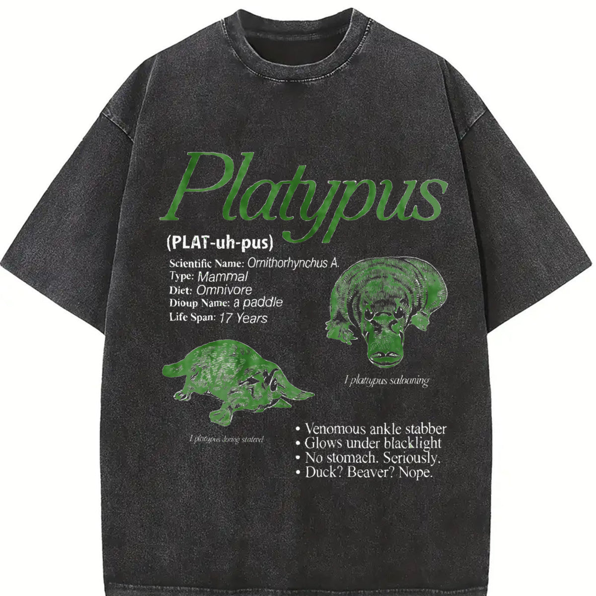 Platypus 90s Retro Animal Infographic Facts Vintage Washed T-Shirt in Black