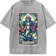 Tarot Skeleton Mermaid Tarot Card Skull Dog Mom Tarot Cat vintage washed oversized T-shirt in Gray