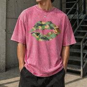 Camo Lip Knit Vintage Washed T-Shirt in Red