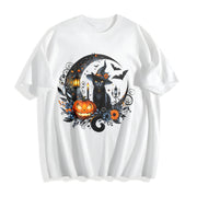 Gothic Witch Black Cat & Bats Cotton T-Shirt in White