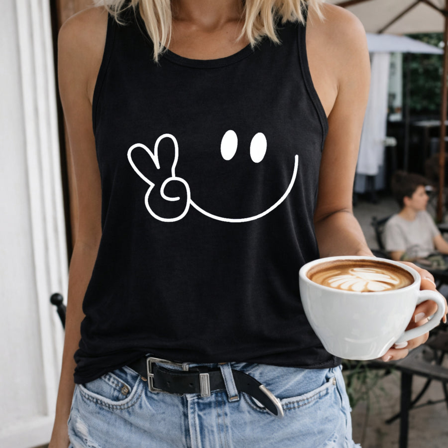 Cartoon Smile Face Vest Women's Color Cotton Tank Top in Black