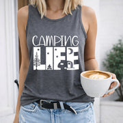 Camping Life Tree Tent Star Moon Crew-neck Sleeveless Vest Women's Color Cotton Tank Top in Gray
