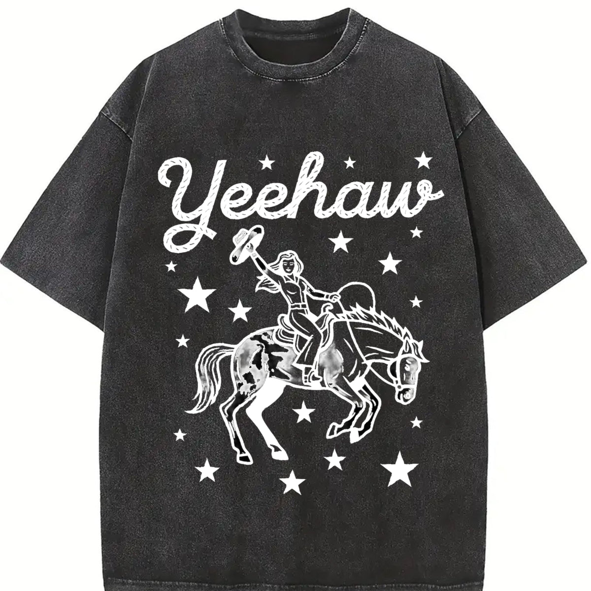 Yeehaw Cowgirl Rodeo Vintage Washed T-Shirt in Black