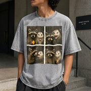Possum & Raccoon Photobooth Selfie Vintage Washed T-Shirt in Gray