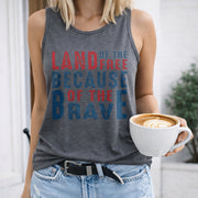 Land of the Free Because of the Brave Women's Color Cotton Tank Top in Gray