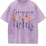 A Plant Floral Letter Faith Vintage Washed T-Shirt in Purple