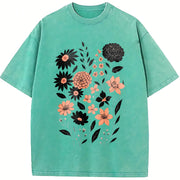 Pressed Flowers Botanical Floral Vintage Washed T-Shirt in Blue