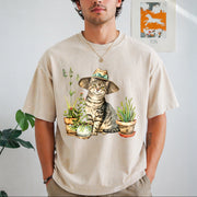 Cat and Plant Gardening Cat Vintage Washed T-Shirt in Beige