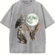 Owl Howling at Moon 90s Vintage Washed T-Shirt in Gray
