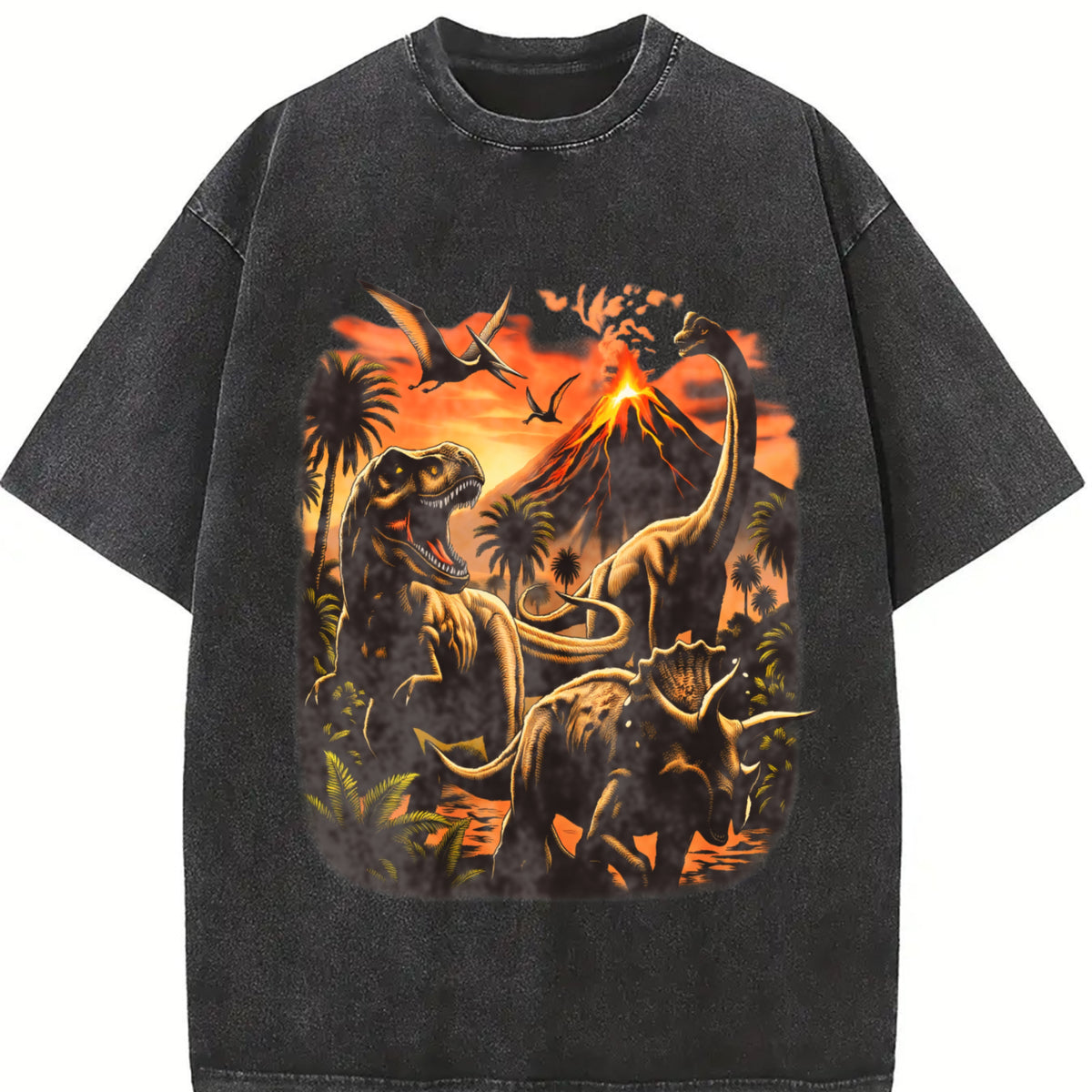 Dinosaur Retro Jurassic Dino Triceratops T Rex Vintage Washed T-Shirt in Black