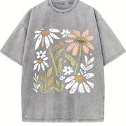 Yellow and White Floral Vintage Washed T-Shirt in Gray