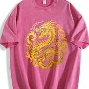 Retro Gold Chinese Dragon 90s Vintage Washed T-Shirt in Red