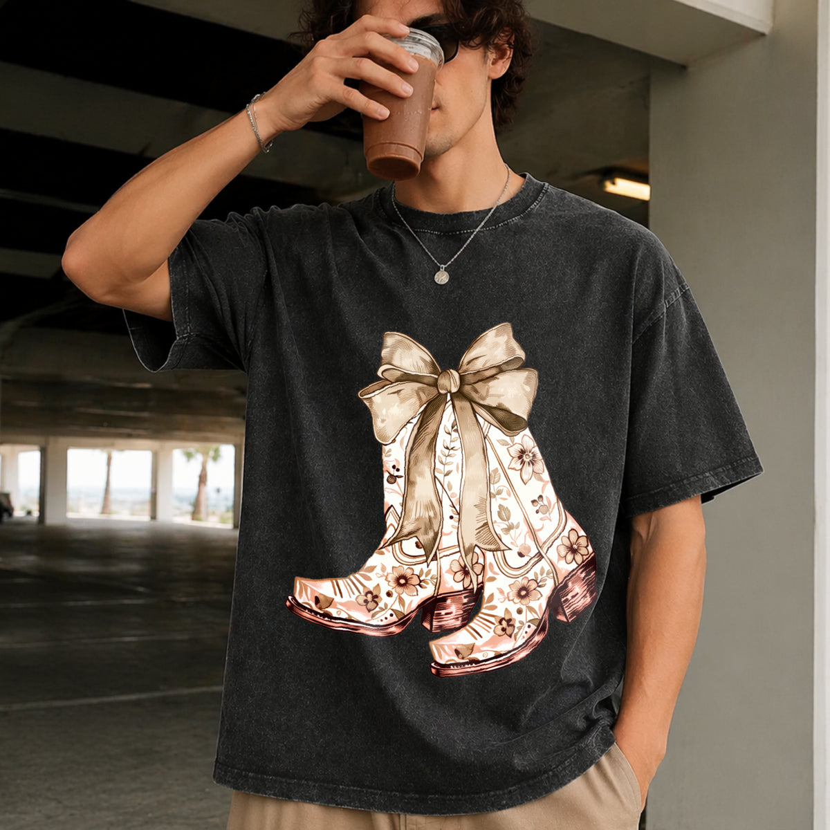 Cowgirl Chinoiserie Floral Boot Vintage Washed T-Shirt in Black