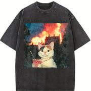 Glam Cat with a Fire Background Vintage Washed T-Shirt in Black