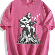 Retro Bigfoot Playing Guitar 90s Vintage Washed T-Shirt in Red