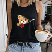 Teddy Bear Rose Women's Color Cotton Tank Top in Black