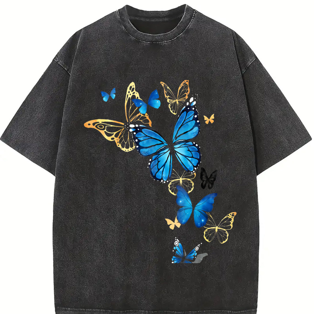 Elegant Blue Butterfly for Nature Enthusiasts vintage washed oversized T-shirt in Black