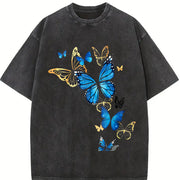 Elegant Blue Butterfly for Nature Enthusiasts vintage washed oversized T-shirt in Black
