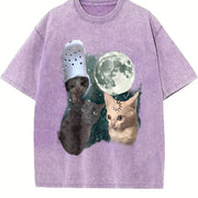 Three Cats Retro Moon Vintage Washed T-Shirt in Purple
