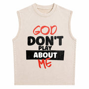 God Don't Play About Me Vintage Washed Tank Top in Beige