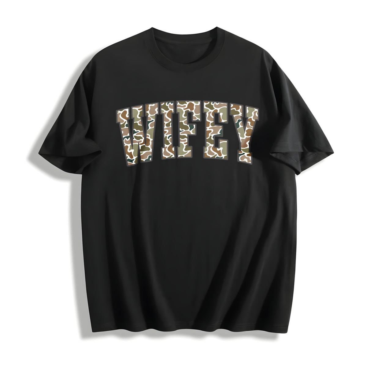 Camouflage Wifey Mrs Cotton T-Shirt in Black