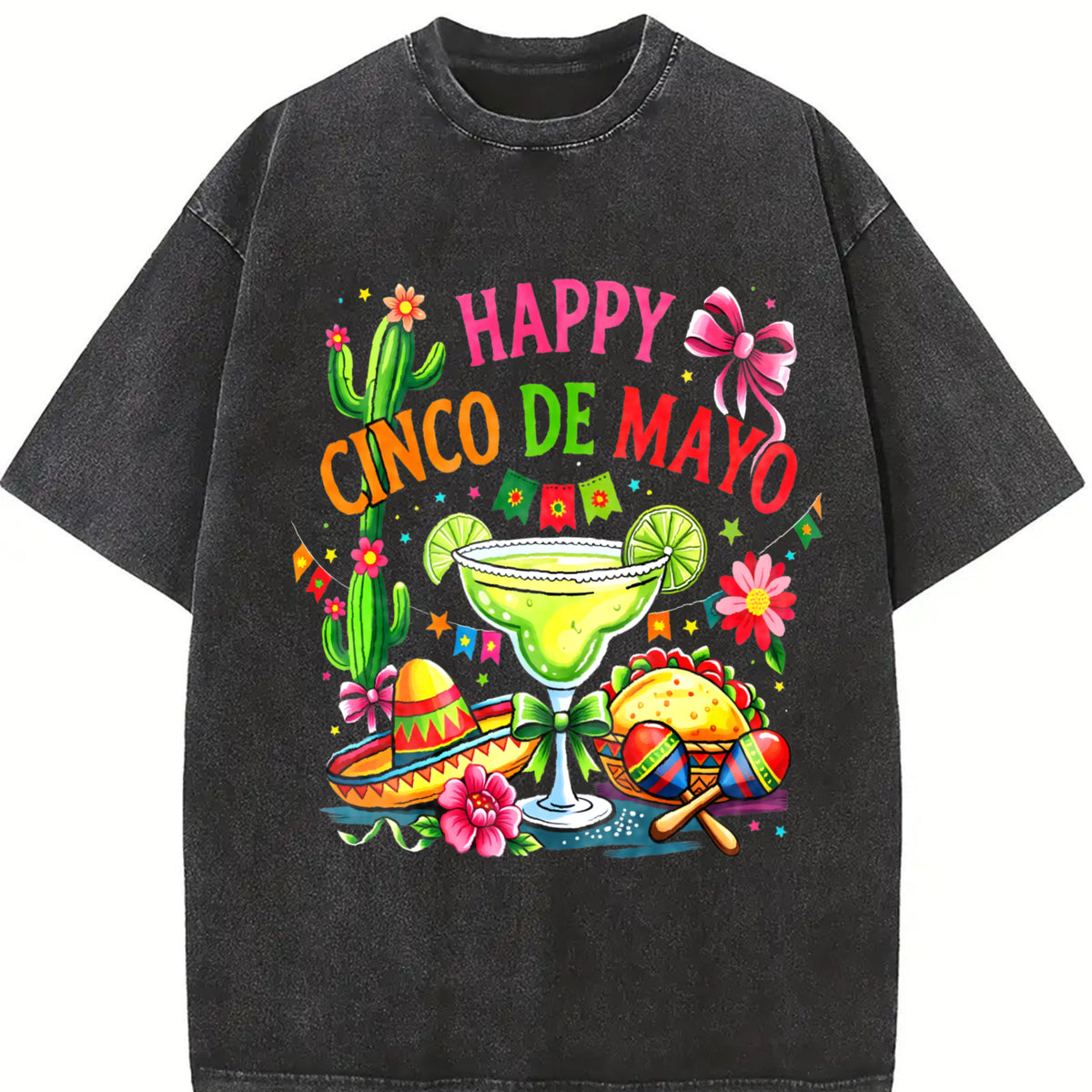 Happy Cinco de Mayo Vintage Washed T-Shirt in Black