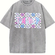 Coquette Teacher Preppy Floral Teacher Vintage Washed T-Shirt in Gray