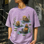 90s Sea Otter Retro Wildlife Vintage Washed T-Shirt in Purple