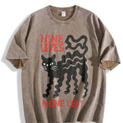 Nine Lives Cat Dark Humor Retro Vintage Washed T-Shirt in Brown