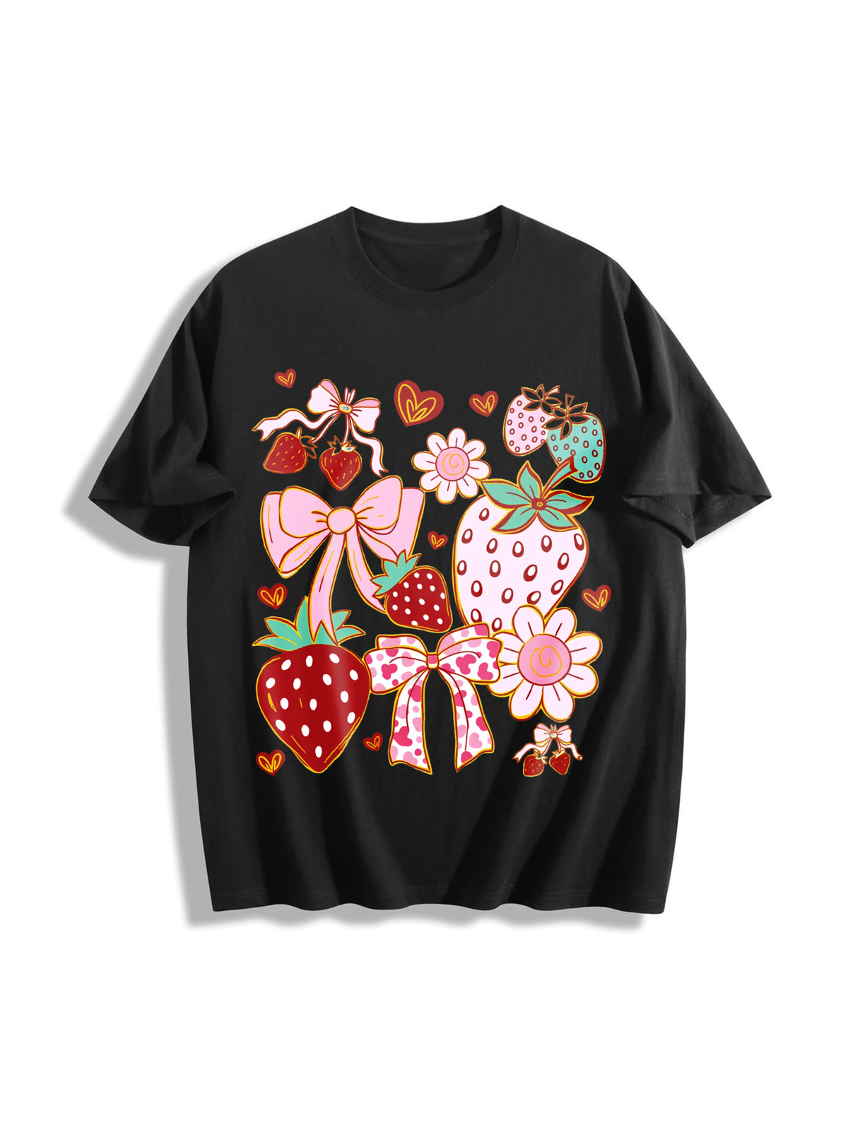 Boho Strawberry Coquette Cotton T-Shirt in Black