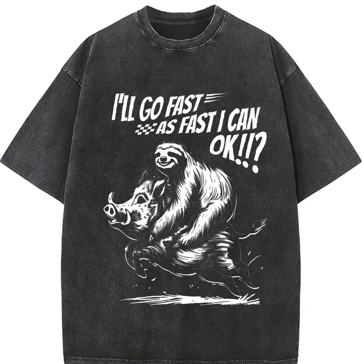 Retro Sloth Riding a Boar 90s Vintage Washed T-Shirt in Black