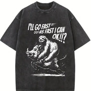 Retro Sloth Riding a Boar 90s Vintage Washed T-Shirt in Black