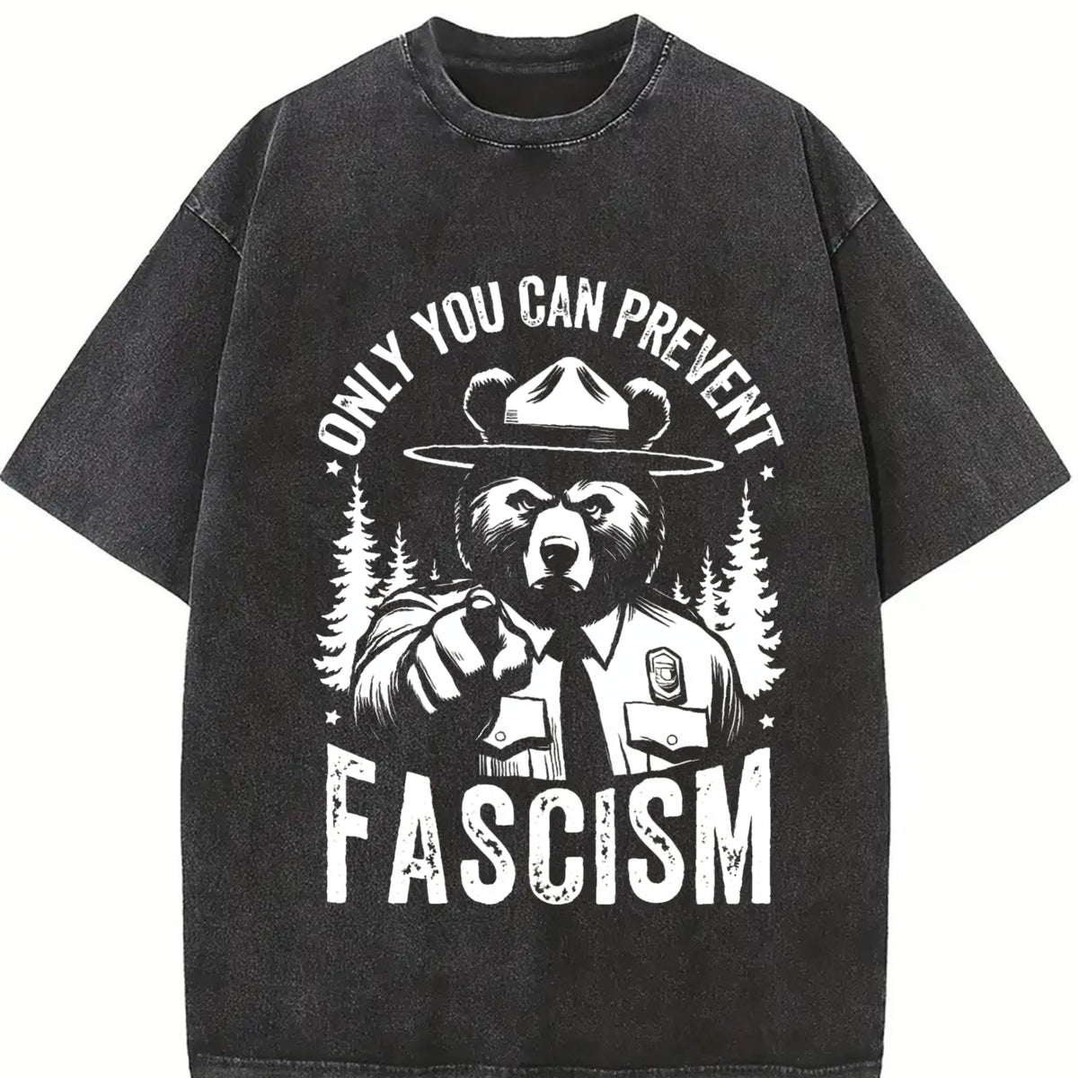 Retro Only You Can Prevent Fascism Raccoon Vintage Washed T-Shirt in Black