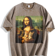 Mona Lisa Cat Renaissance Art Parody Vintage Washed T-Shirt in Brown