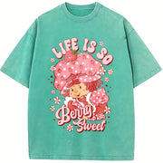 Have a Berry Nice Day Strawberry Retro Cartoon vintage washed oversized T-shirt in Blue