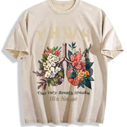 Short-Sleeve - YHWH Floral Butterfly & Every Breath vintage washed oversized T-shirt in Beige