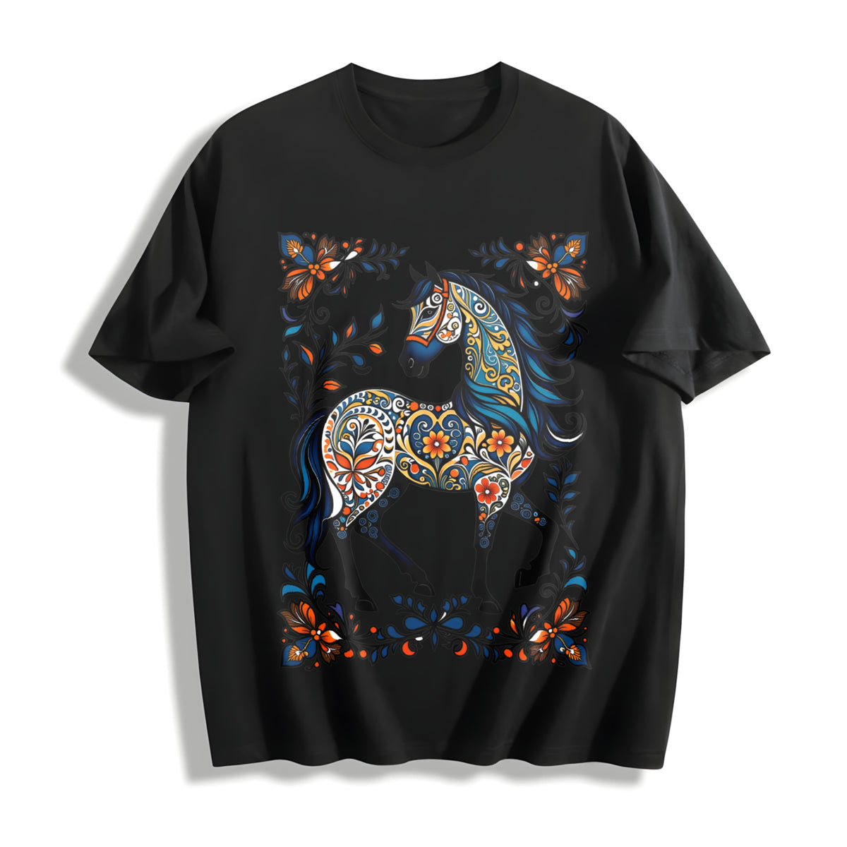New Year Winter and Porcelain Floral Horse Cotton T-Shirt in Black