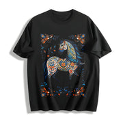 New Year Winter and Porcelain Floral Horse Cotton T-Shirt in Black