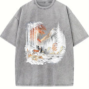 Retro Deer Nature 90s Vintage Washed T-Shirt in Gray